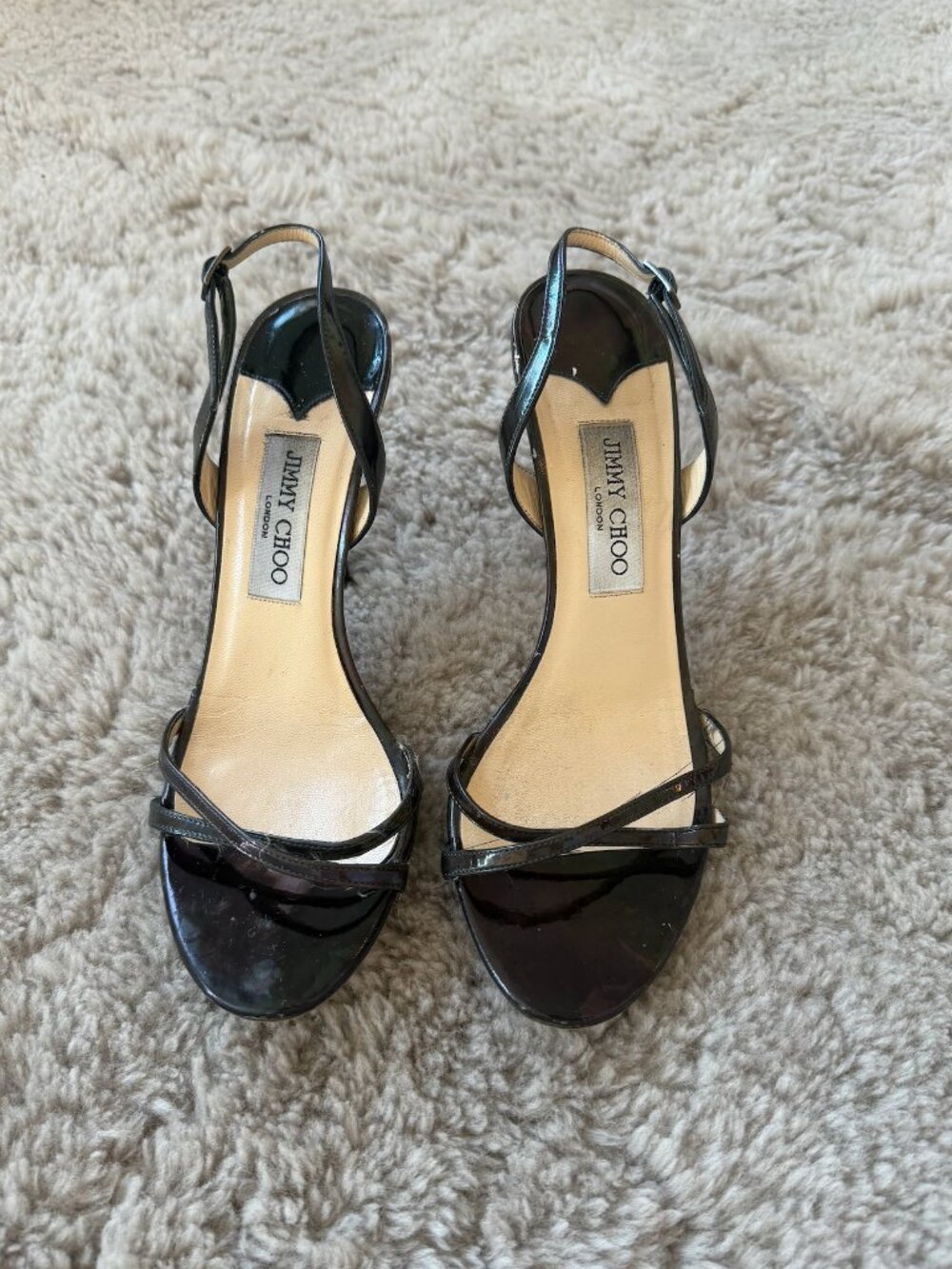 Jimmy Choo Chrome Oil Slick Patent Leather Strappy Slingback Heels Size 39